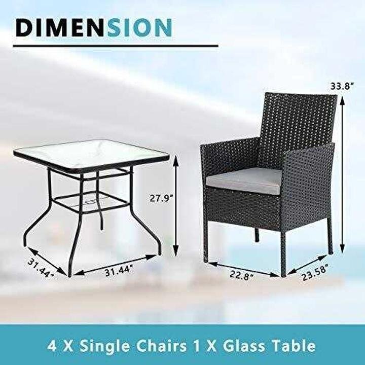 5 Piece Wicker Patio Dining Set. Outdoor Rattan Table and Chairs Sets for 4. Tempered Glass Top with Umbrella Hole Great for Deck Garden Yard Balcony. Black