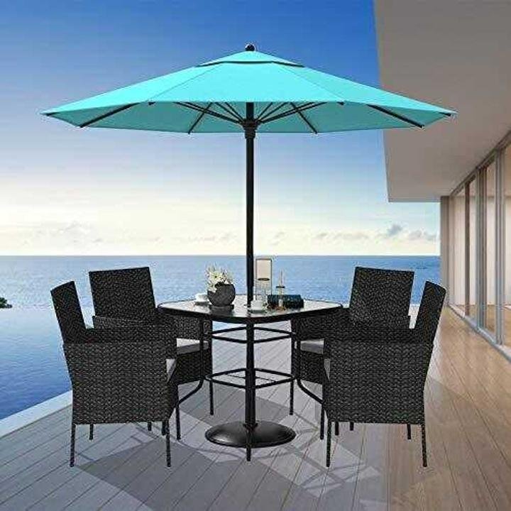 5 Piece Wicker Patio Dining Set. Outdoor Rattan Table and Chairs Sets for 4. Tempered Glass Top with Umbrella Hole Great for Deck Garden Yard Balcony. Black