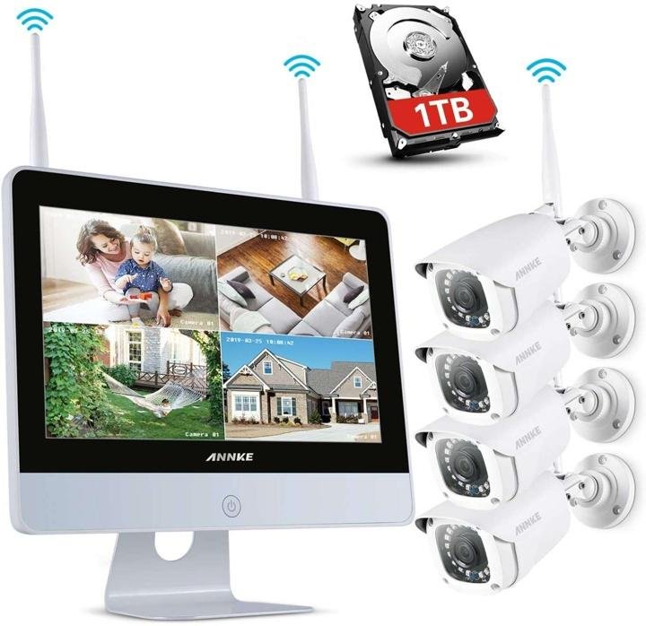1080P Wireless System. 4CH FHD Wi-Fi NVR Video Surveillance System with 12LCD Monitor. Automatic Screen Saver. 4X 1080P Outdoor IP Camera with IR Night Vision. 1TB Hard Drive Included