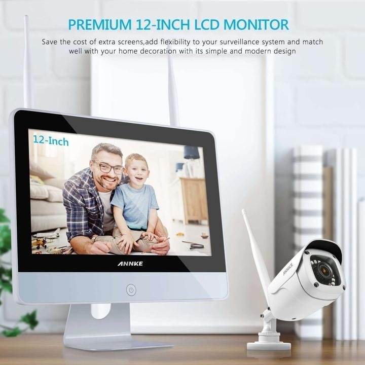 1080P Wireless System. 4CH FHD Wi-Fi NVR Video Surveillance System with 12LCD Monitor. Automatic Screen Saver. 4X 1080P Outdoor IP Camera with IR Night Vision. 1TB Hard Drive Included